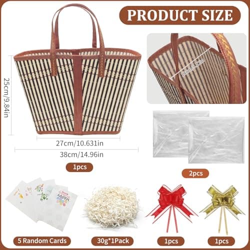 1Set Empty Hamper Basket Gift Baskets Woven Bamboo Basket with Bags, Pull Bows and Shredded Paper Gift Basket Hamper Kit for Birthday,Housewarming (Brown strip) — view 2