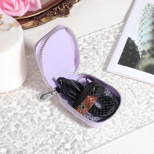 Purple Wired Earbuds Case, PU Leather Earbud Pouch with Zipper, Portable Small Earphone Case Organizer Keychain for Cable, Wired Earphone, Earbud — view 6