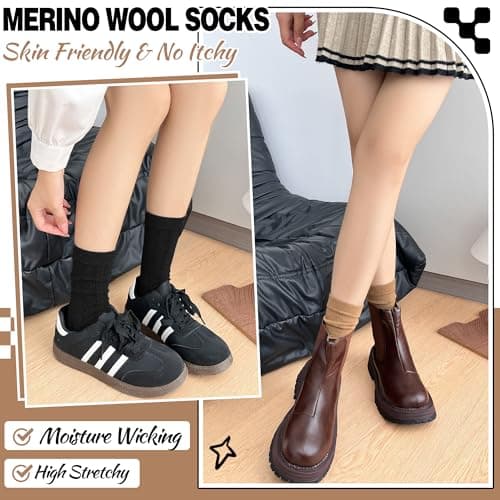MOGGEI Womens Thin Merino Wool Socks Warm Winter Soft Cosy Breathable Crew Boot Socks for Everyday Wear 5 Pairs, UK Shoe Size 7-11 Stocking Fillers(Khaki/Coffee/Beige/Black) — view 4