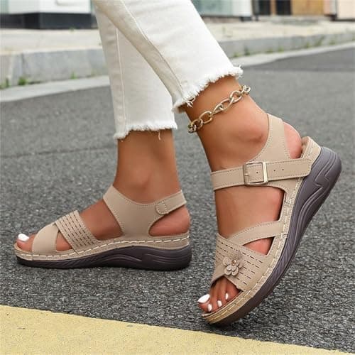 Orthopedic Sandals for Women UK Plantar Fasciitis Comfort Wedge Sandals Open Toe Ankle Strap Sandal Summer Wide Fit Cushion Walking Shoes Ladies Casual Summer Sandal with Arch Support 2-Khaki, 6 — view 2