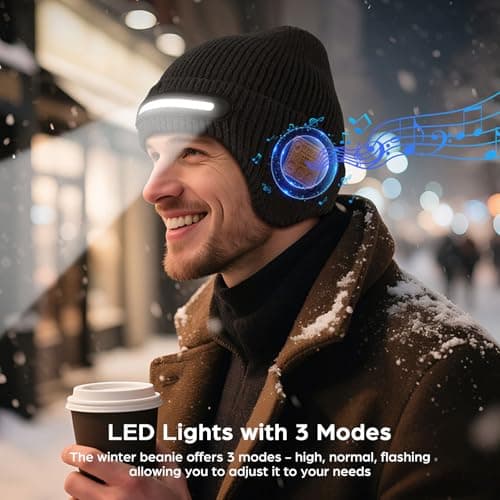 fesoklaf Bluetooth Beanie Hat Headphones with LED Light for Men Women Winter Warm Wireless Music Flashlight Beanie Outdoor Sports (UK, Alpha, One Size, Black) — view 5