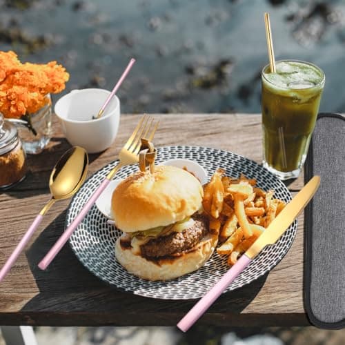AARAINBOW Portable Cutlery Set for 1 Person, Stainless Steel Knife Fork Spoon Straw Set. 6-Piece Flatware Set with Bag, Suitable for Travel Camping Work, Dishwasher Safe, Pink Gold — view 5