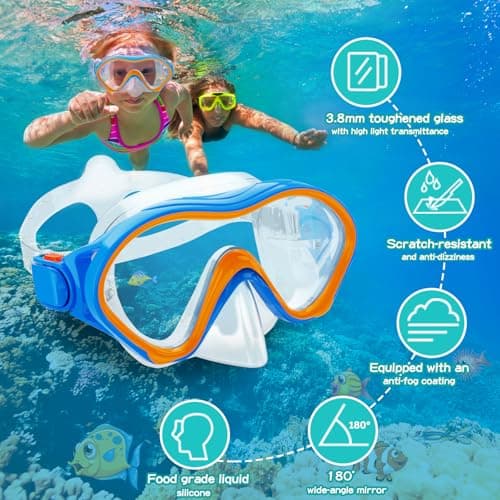 Snorkeling Gear for Kids with Foldable Silicone Full Dry Snorkel, Kids Snorkel Set Anti Leak Youth Junior Snorkeling Package Diving Mask Soft Tube with Mesh Bag Swimming Goggles, Blue+Orange — view 2