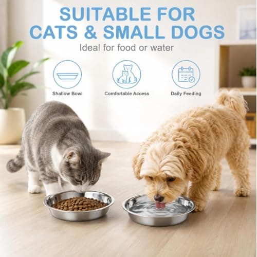 8 Pcs Stainless Steel Cat Bowl Set, Wide Shallow Kitten Feeding Plates, Whisker Friendly Flat Metal Dishes for Cat Food and Water, Dishwasher Safe, for Small Dogs and Pets — view 4