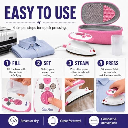 The Quilted Bear Premium Mini Steam Iron for Quilting and Travel, Pink — view 6