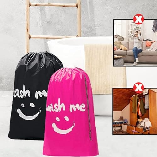 CJWLKJ 2-Pack XL Travel Laundry Bags, Machine Washable Dirty Clothes Organizer, Large Enough to Hold 4 Loads of Laundry, Easy Fit a Laundry Hamper or Basket (Pink+Black, 24" x 36") — view 6