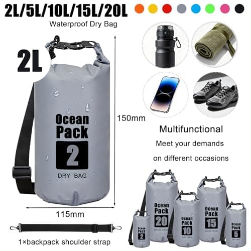 RONGZUBAT 2L Waterproof Dry Bag, Small Roll Top Dry Sack for Phone, Keys and Essentials, Lightweight Waterproof Bag for Kayaking, Paddle Boarding, Beach, Swimming, Camping and Travel - Grey — view 2