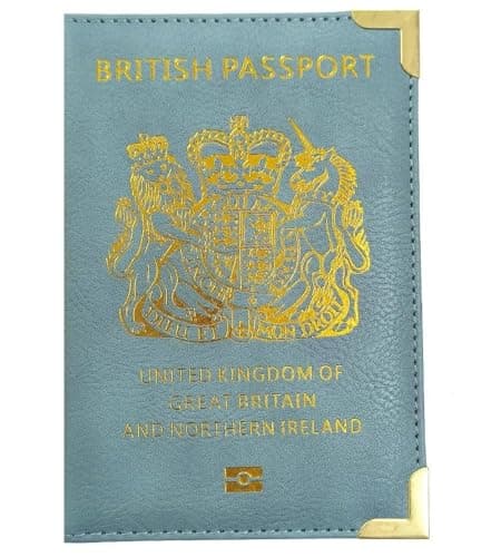 StoneMaxi UK British Passport Holder PU Leather Travel Wallet with Gold Embossed Design (Light Blue)