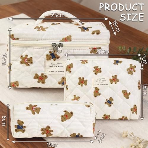 Aucuu 3PCS Coquette Makeup Bag, Quilted Makeup Bag for Women, Floral Cotton Cosmetic Bag Set, Large Capacity Aesthetic Floral Toiletry Bag, Travel Toiletry Bag, Wash Organizer Pouch for Women Girls — view 2