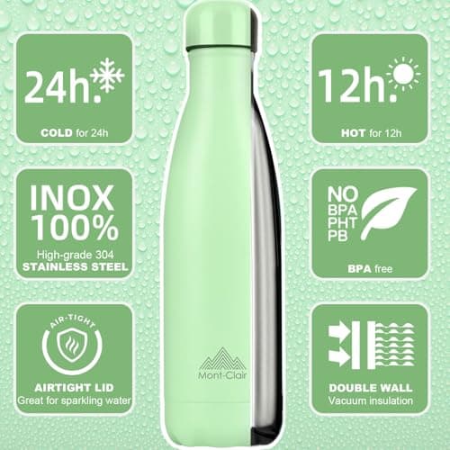 Mont-Clair l'O Stainless Steel Water Bottle, Vacuum Insulated - BPA Free, 12h Hot & 24h Cold Drinks, Metal Water Bottle 500ML Leakproof, Ideal for Adult, Kids, Running - Light Green — view 2