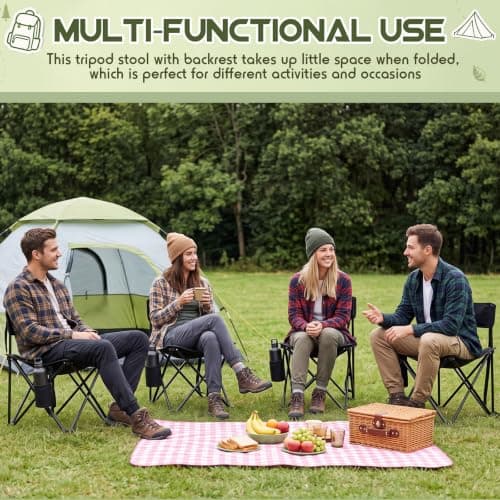 Karenhi 4 Pack Tripod Camping Chairs Folding Lightweight, Portable 3 Legged Tripod Stool Seat with Backrest and Cup Pocket, Small Golf Chair Compact for Adults Fishing Camping — view 2