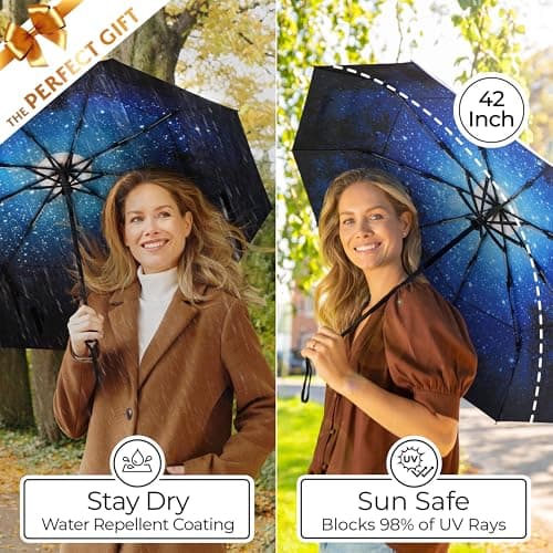 TUMELLA Strongest Windproof Travel Umbrella (Compact, Superior & Beautiful), Small Strong but Light Portable and Automatic Folding Rain Umbrella, Durable Premium Grip, Fits Car & Backpack Moonlight — view 6