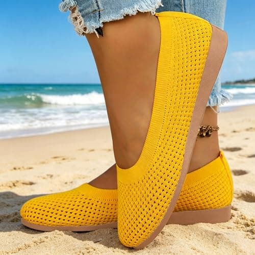 Women's Ballet Flats Wide Fit Slip On Shoes Breathable Knit Mesh Flat Shoes Lightweight Comfortable Pumps for Office Walking Travel Casual Wear Orange size 3 — view 5