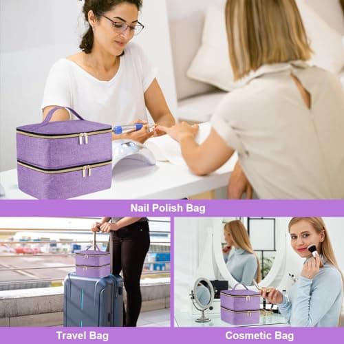 LOPHE Double-Layer Nail Polish Organiser, Double-Layer Travel Bag Storage Bags for 30 Bottles Nail Polish Lipstick and Nail Lamp, Portable Vanity Case with Nail Supplies Storage Sections (Purple) — view 6