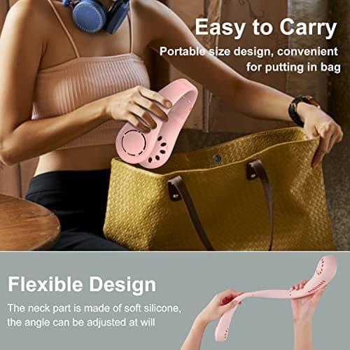 Neck Fan, Portable Neck Fans Rechargeable, 5 Speeds USB Personal Bladeless Fan 3000mAh Battery, Wearable Hands-Free Cooling Fan for Men & Women, Leafless Hanging Mini Fans for Outdoor Travel (Pink+) — view 3