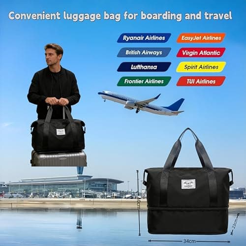HUANYO Expandable Holdall Bag - 2-in-1 Design (20L to 35L), Foldable Waterproof Lightweight Sports & Travel Bag for Men and Women, Perfect for Gym, Beach, Yoga and Weekend Trips (Black) — view 2