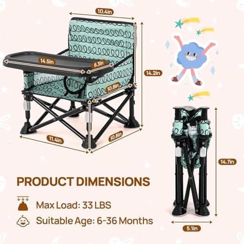 LADIDA Booster Seat for Toddlers with Removable Tray, Portable Foldable Baby High Chair for Kitchen & Dining Chairs, Suitable 6-36 Months Indoor & Outdoor (Green) 302 — view 6