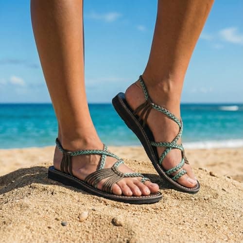 Plaka Women's Rubber Flat Summer Sandals 7 B(M) US Turquoise Gray — view 3