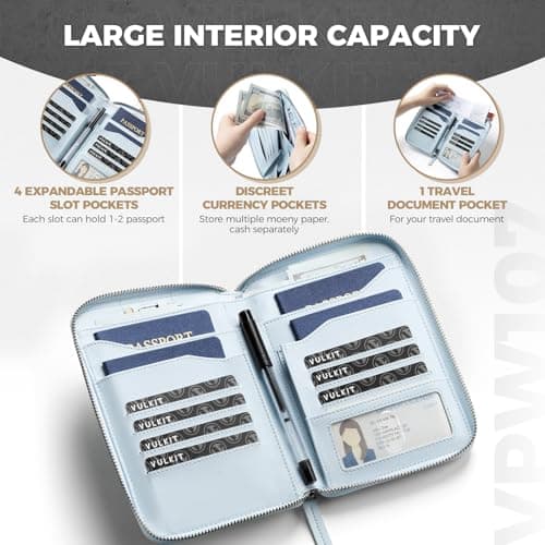 VULKIT Leather Family Passport Holder for 4-6 Passports, Premium Document Organizer Case Large Travel Wallet for Couples and Families, Holds Passports,Cards,Tickets,Cash,Pen,Sim Card (LightBlue) — view 3