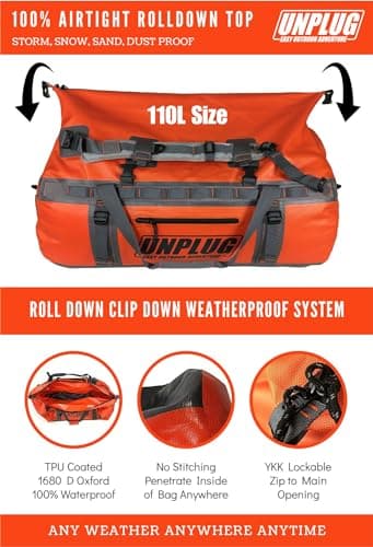 UNPLUG Ultimate Adventure Bag - 1680D Heavy Duty Waterproof Duffel Bag for Travel, Camping, Motorcycle, Hunting, Bug Out (110L Adventure Orange) — view 3