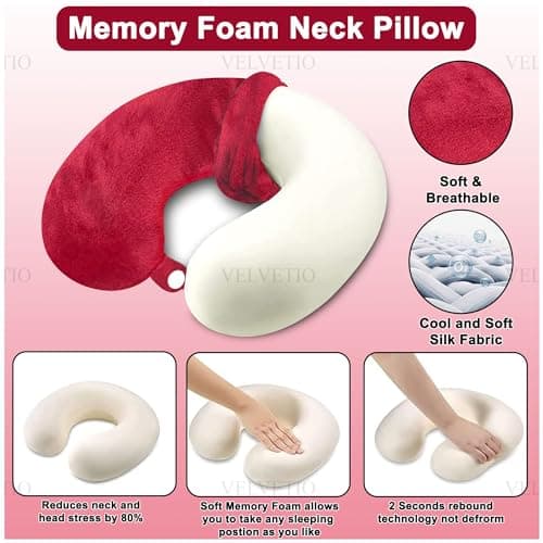 VELVETIO Memory Foam Neck Pillows for Sleeping, Lightweight U Shape Head Support Travel Pillow for Airplane, Soft Removeable Cover Ideal for Car & Office, Red — view 5