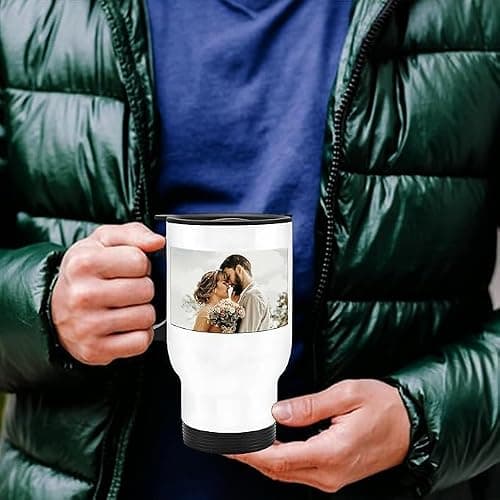 Personalised Travel Mug White 14oz with Handle & Lid – Custom Stainless Steel Coffee Mug with Photo, Text or Logo, Reusable Insulated Mug for Hot Drinks – Gift for Mum, Dad, Friend & Colleague — view 3