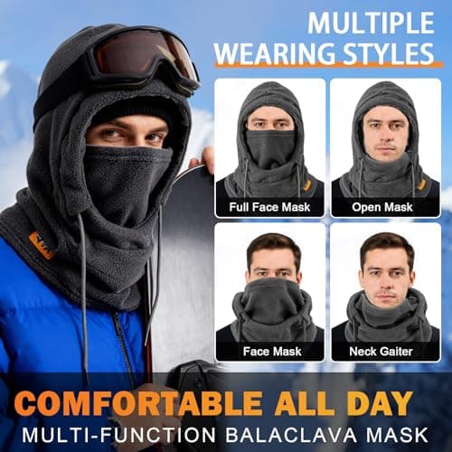 AYPOW Balaclava Winter Thermal Hat Ski Mask, Windproof Snood Warm Fleece Face Mask Hood Hat Unisex, Breathable Face Cover Neck Warmer for Outdoor Sports Motorcycle Cycling Grey — view 5