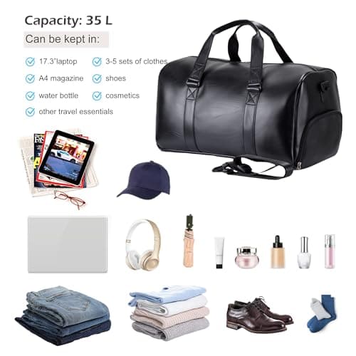 Travel Duffel Bag with Shoe Compartment, 35L Faux Leather Weekender Overnight Bag, Compact Carry On Travel Tote Gym Bag for Men and Women, Waterproof, Black Duffel Bag — view 4