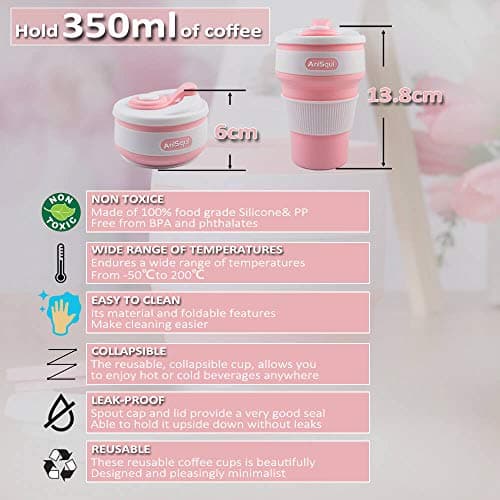 AniSqui Collapsible Coffee Cup Silicone with Lids, 12oz 350ml (Pink) — view 2
