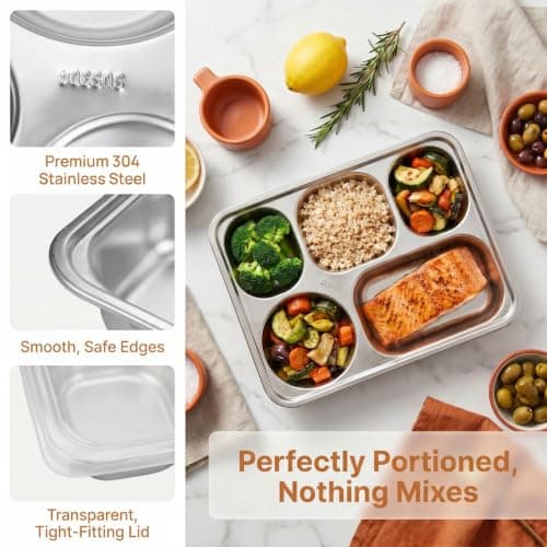 2 PCS Stainless Steel Snack Boxes with Lids, 1400ml 5 Compartment Bento Lunch Containers, 304 Stainless Steel Food Storage Boxes with Leak-proof Lid for Kids Adults, School, Work, Travel and Meal Prep — view 3