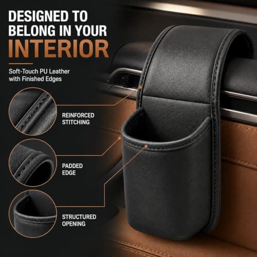 Leather Car Door Cup Holder, Window-Mount Drink & Phone Organizer (Black) — view 5