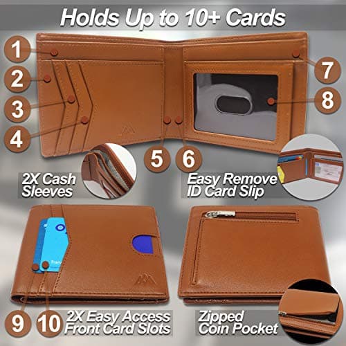 Men's Wallet RFID Blocking Ultra Slim Wallet Design, Durable Vegan Leather Travel Wallet - Credit Card Holder (Holds 10+ cards) - Minimalist Mini Wallet Design with Gift Box - Gift for Men (Brown) — view 4