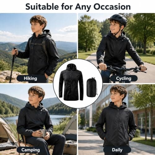 Kioeok Kids Outdoor Waterproof Jacket Lightweight Packable Rain Coat Hooded Breathable Outdoor Coat for Hiking Cycling — view 5