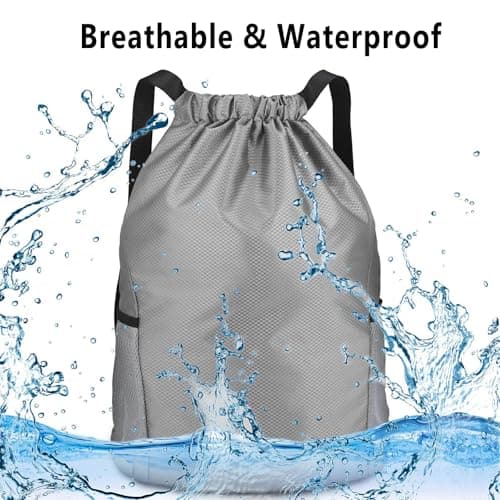 Toced Drawstring Bag, Unisex Large Sports Backpack String Drawstring PE Bags, Sport Gym Sack have Two Side Pockets, Travel Beach Swim School Bag with Waterproof (Grey) — view 5