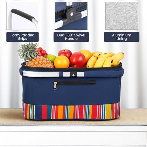 HOMESHOPA 35 Litre Insulated Picnic Basket With Lid, Red Multi Stripe Foldable Thermal Cooler Bag Hard Liner, Upright Standing Box for Outdoor Camping, Travel, Portable & Collapsible Shopping Hamper — view 3