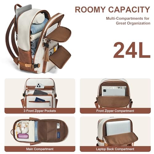 Shrrie Laptop Backpack for Women,Vegan Leather Backpack Work Computer Backpacks fits 16" Laptop,Water Resistant Teacher Nurse Casual Daypack for Weekender Camping Travel,Beige with Brown — view 3