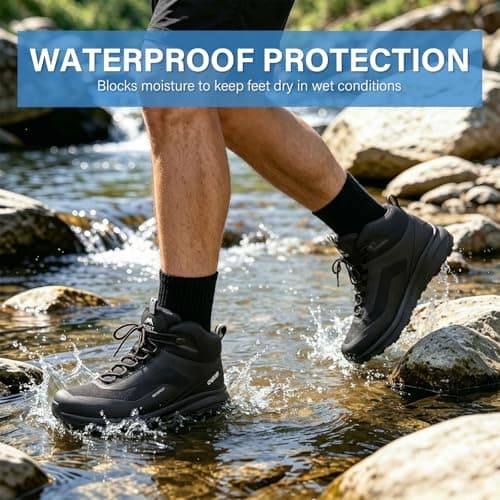 OUTJET Men's Waterproof Hiking Boots Lightweight Comfortable Breathable Outdoor Walking Trekking Boots Black — view 2