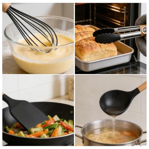 Senshuomy 12 PCS Kitchen Utensil Set, Silicone Cooking Utensils Set with Wooden Handle for Utensils BPA Free, Heat Resistant, Nonstick Cookware Tongs Spatula Spoon Set, Dishwasher Safe (Black) — view 5