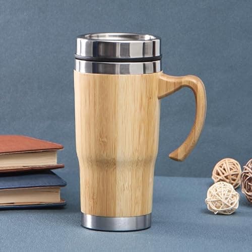 20oz Premium Bamboo Tumbler with Handle - Vacuum Insulated Thermos for Tea, Coffee - Bamboo Stainless Portable Thermal Travel Handle Mug Bottle For Office — view 5