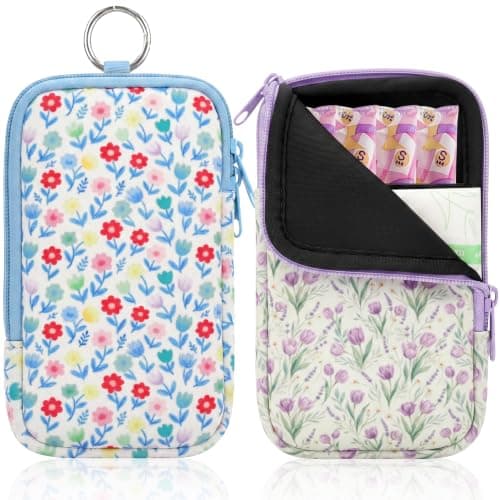 KJQJLY 2 Pack Portable Tampon Organizer Bag Tampon Holder & Storage Case with Zipper for Travel, Discreet Period Bag for Purse, Waterproof Feminine Products Pouch for Women (Lavender Floral)