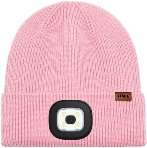 ATNKE Kids LED Lighted Beanie Hat with Lined Fleece, USB Rechargeable 4 LED Running Headlamp Ultra Bright Hands Free Head Torch Winter Warm Knit Skull Cap Gifts for Boys and Girls/Pink — view 2