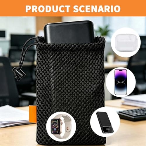 3PCS Storage Bag Drawstring Carrying Case Cover Holder, Drawstring Mesh Bag 18.5 x 9 cm, Portable Mesh Pouch for Power Bank Phone Cable Organiser, Power Bank Case Travel Accessories Holder Black — view 4