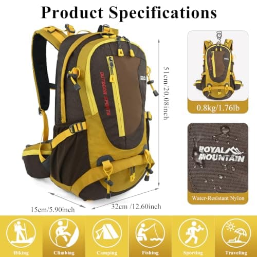 Hiking Backpack 35L,Waterproof Travel Rucksack with Shoe Compartment,Yellow — view 2