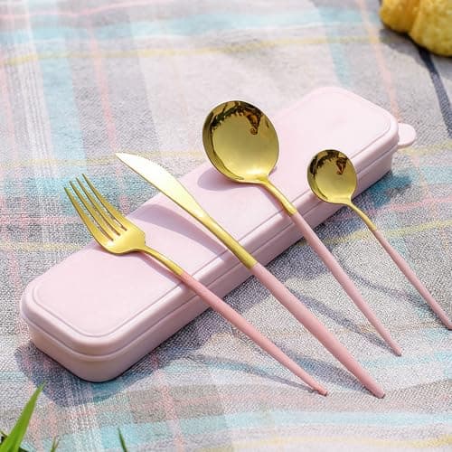 4pcs Stainless Steel Cutlery Set with Case - Travel Flatware for Lunch, Camping, School, Picnic, Workplace - Fork, Knife, Spoon Included (Pink) — view 2