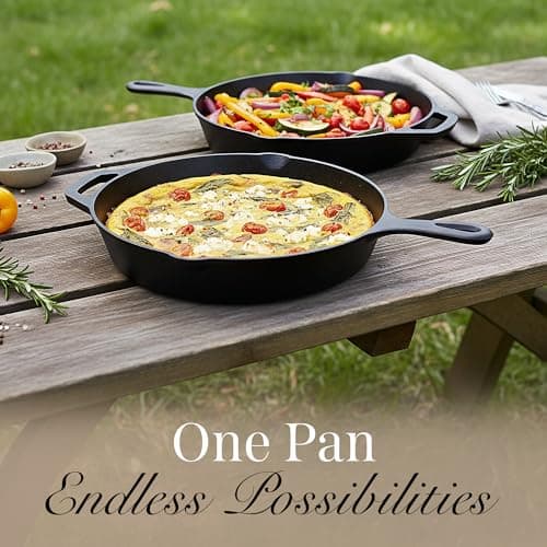 nuovva 2pcs Cast Iron Skillet Set – Pre Seasoned Skillet Frying Pan – Oven Safe Grill Cookware Set for Outdoor & Indoor Use – (Chef Set 10-inch 25cm and 12-inch 30cm) — view 5