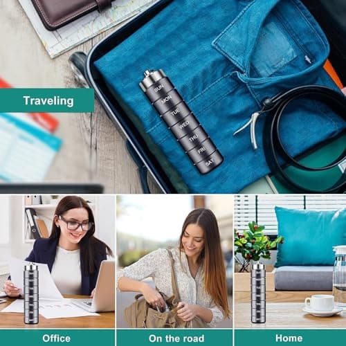 Metal Pill Organizer Weekly,Stackable Waterproof Travel Pill Box,Travel Hiking 7 Day Pill Box Case,Date Display,Large Compartment to Hold Pills, Vitamins,Fish Oil, Supplements (Blue) — view 2
