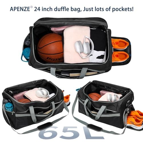 Apenze 65L Mens Gym Bag Sport Holdall with Wet/Shoe Compartment - 24 inch Multi-Pockets Duffel Bag for Travel/Gym/Sports - Black — view 5