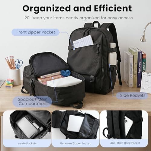 Ultra Lightweight School Bag for Men Women, Waterproof Oxford Cloth Casual Rucksack, Commuter Laptop Backpack Fits 15.6 Inch Notebook, Large Capacity 20L Minimalist College Work Daypack (Black) — view 5