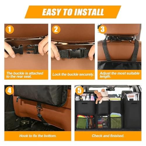 URAQT Car Boot Organiser, Trunk Tidy Organiser Bag, Detachable Multi-Pocket Seat Back Protectors with Zipper, Water-Proof Durable Foldable Children's Travel Storage Black,101x46cm — view 5