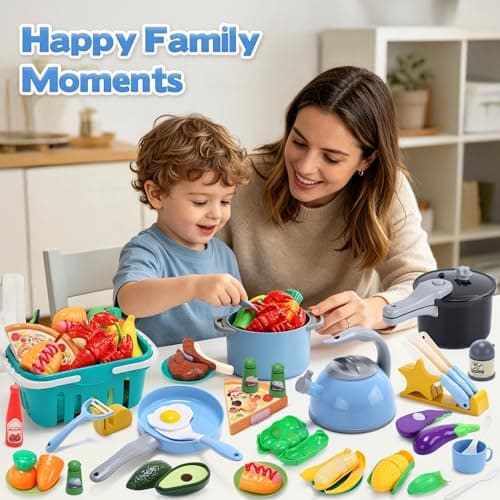 CUTE STONE Kids Kitchen Pretend Cooking Toy Set with Pressure Cooker, Toy Pots & Pans, Play Food, Kids Cookware Utensils & Shopping Basket, Toddler Kitchen Accessories Gift for Boys Girls — view 5